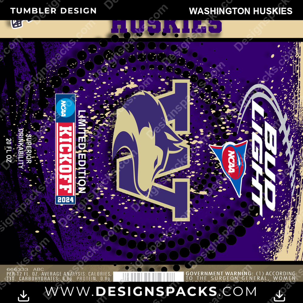 College Sport Bud Washington Huskies Tumbler Digital Wrap Design