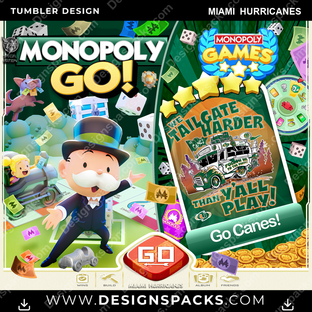 College Sport Monopoly Go! Miami Hurricanes NCAA College Sport Tumbler Digital Wrap Design Download