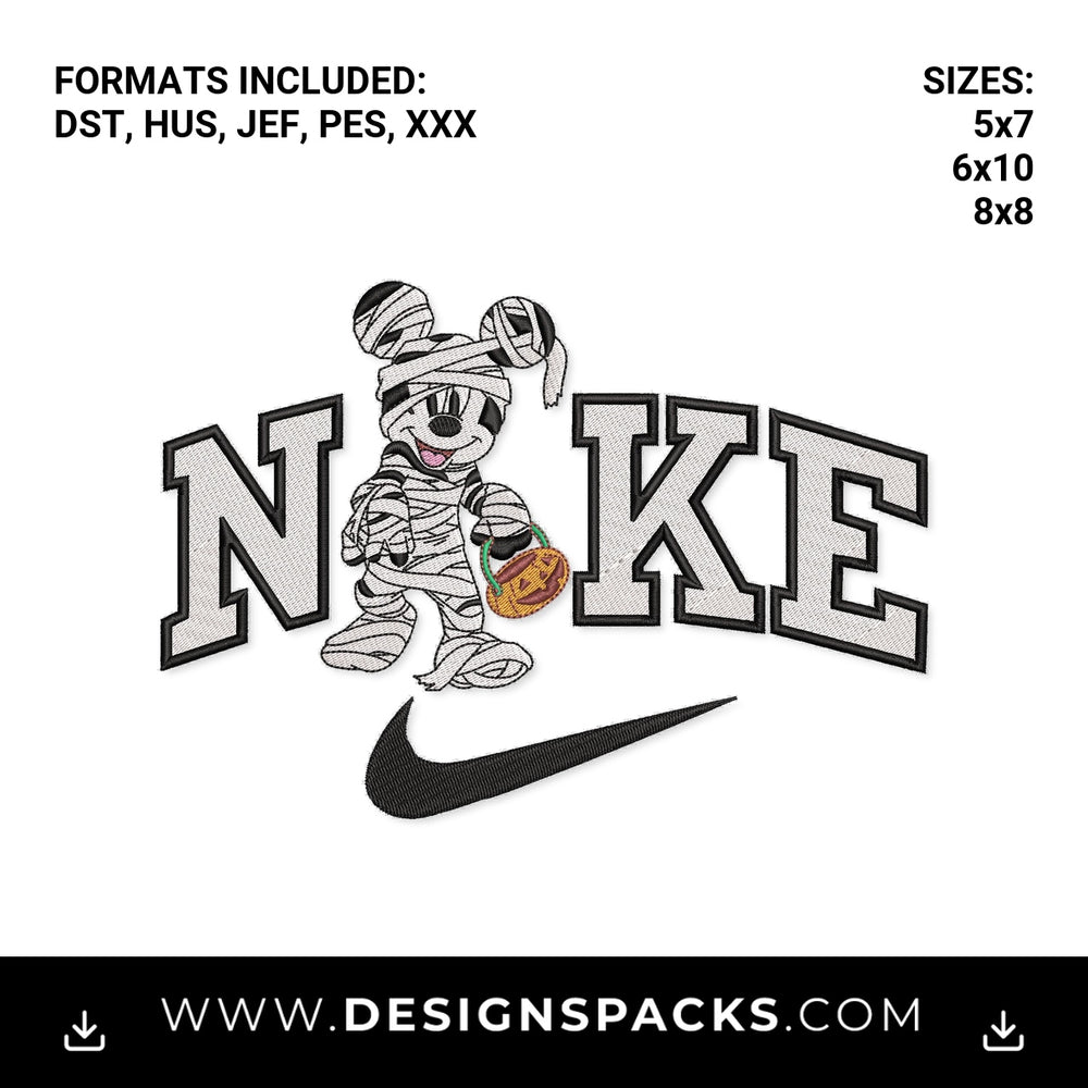 Halloween Mummy Mickey Nike Swoosh Embroidery Design - Instant digital download pattern at Designspacks.com