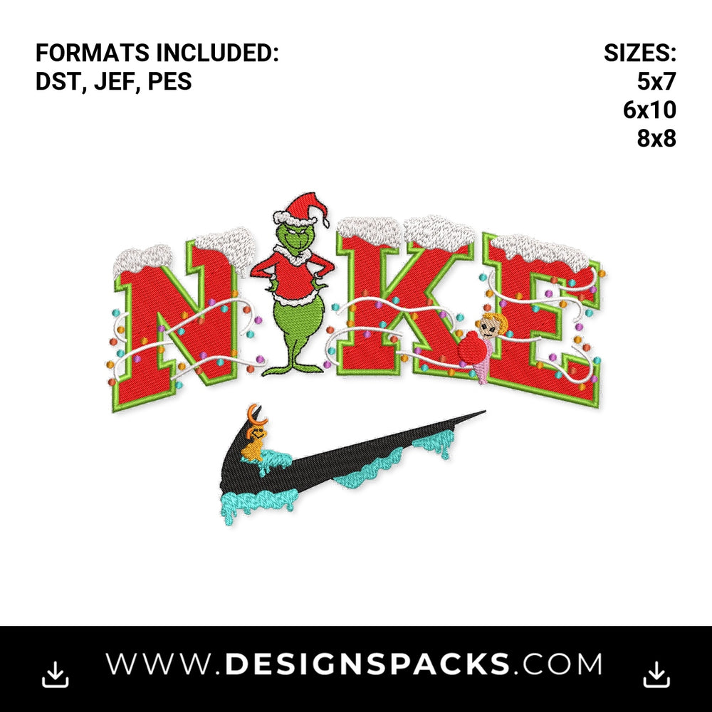 Grinch Christmas Nike Swoosh Embroidery Design - Instant digital download pattern at Designspacks.com