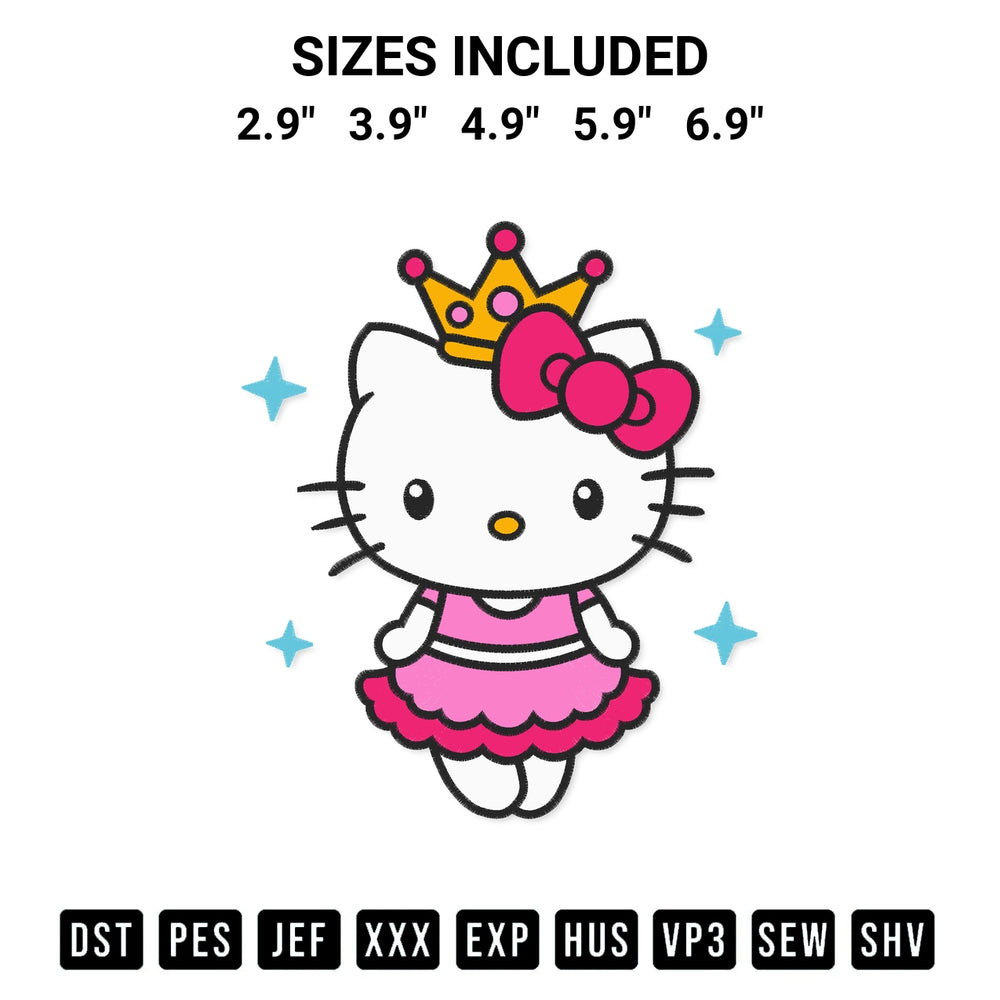 Create amazing crafts with the Hello Kitty Princess Embroidery Design embroidery file. High-quality digital download from Designspacks.com, perfect for beginners and pros. Available sizes: 2.9", 3.9", 4.9", 5.9", 6.9".