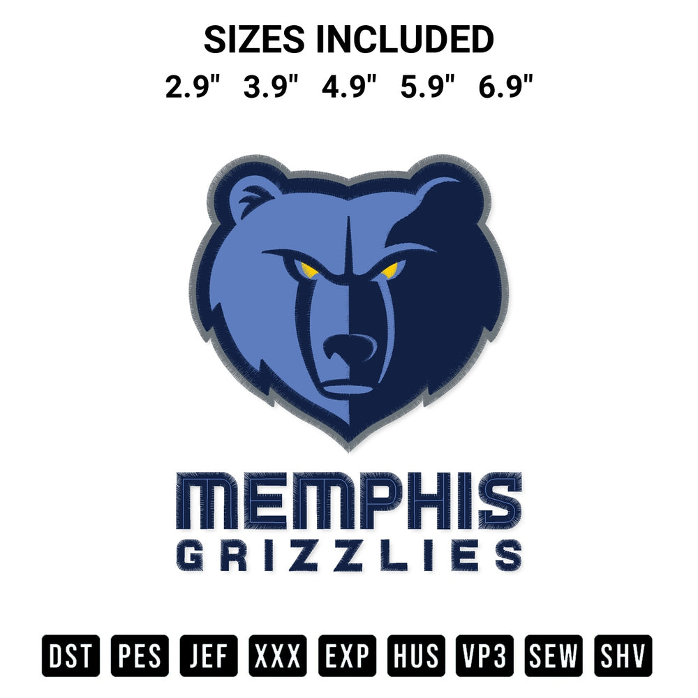 Download the Memphis Grizzlies Logo Embroidery Design machine embroidery design exclusively at Designspacks.com. Premium digitized pattern for apparel and DIY crafts. Available sizes: 2.9", 3.9", 4.9", 5.9", 6.9".