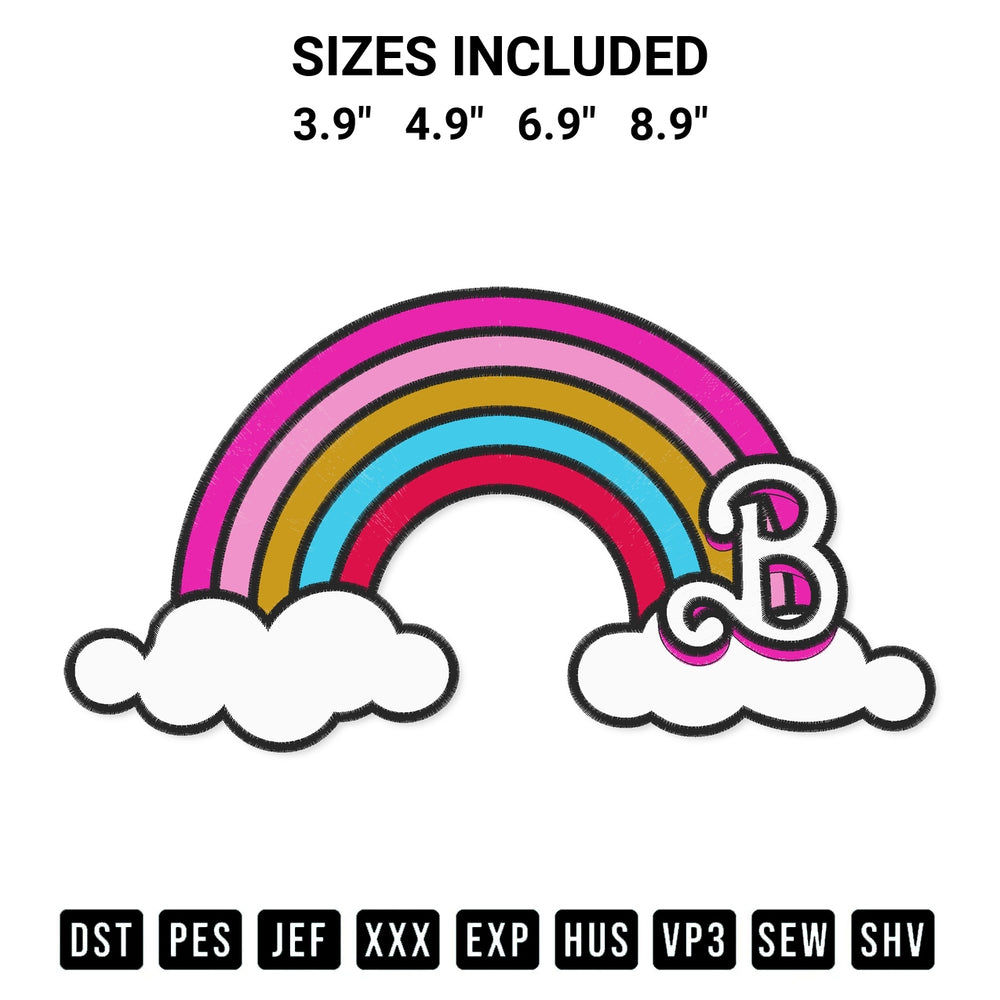 Get the Barbie Rainbow Embroidery Design embroidery design for your custom crafts! Premium digitized files available for instant download at Designspacks.com. Available sizes: 3.9", 4.9", 6.9", 8.9".