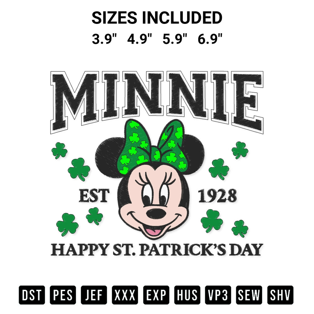 Transform your fabrics with the Minnie Happy St Patricks Day 1928 Embroidery Design embroidery design. Instant access to premium digitized patterns at Designspacks.com. Available sizes: 3.9", 4.9", 5.9", 6.9".