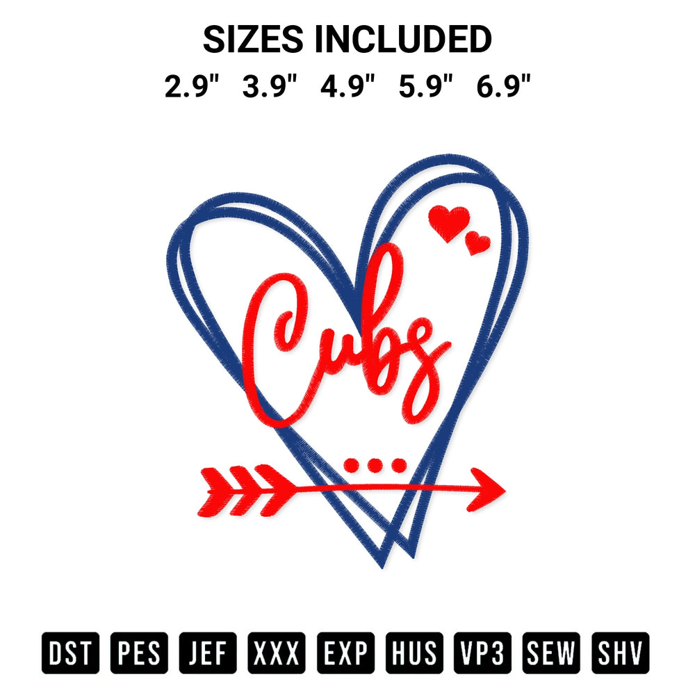 Shop the Chicago Cubs Heart Embroidery Design machine embroidery pattern at Designspacks.com. Beautifully digitized for flawless stitching on any fabric. Available sizes: 2.9", 3.9", 4.9", 5.9", 6.9".