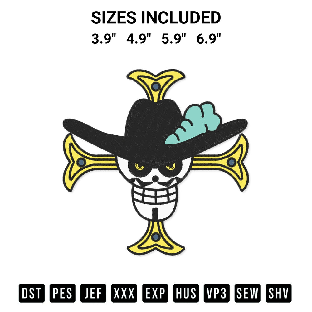 Get the One Piece Mihawk Logo Embroidery Design embroidery design for your custom crafts! Premium digitized files available for instant download at Designspacks.com. Available sizes: 3.9", 4.9", 5.9", 6.9".