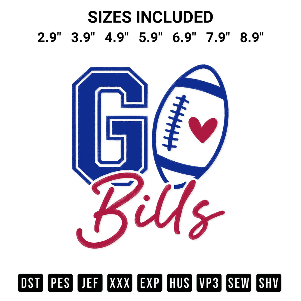 Discover the perfect addition to your crafting collection: Go Bills Football Embroidery Design embroidery file. Instantly available at Designspacks.com. Available sizes: 2.9", 3.9", 4.9", 5.9", 6.9", 7.9", 8.9".