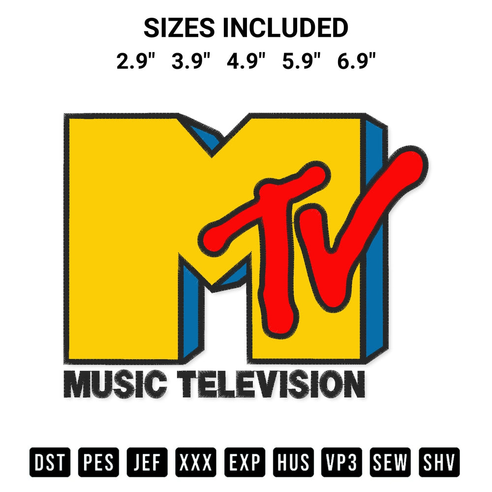 Get the Mtv Music Television Embroidery Design embroidery design for your custom crafts! Premium digitized files available for instant download at Designspacks.com. Available sizes: 2.9", 3.9", 4.9", 5.9", 6.9".
