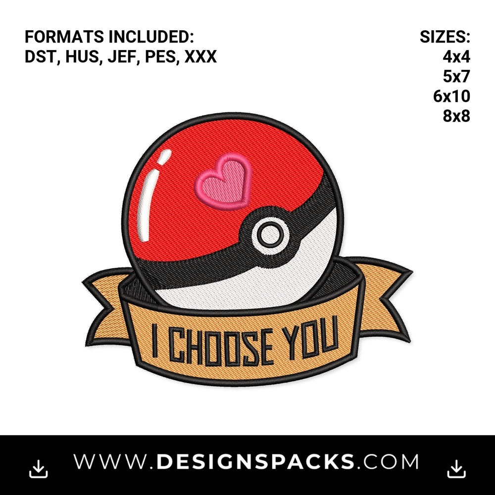 I Choose You Pokeball Heart Banner Embroidery Design - Instant digital download pattern at Designspacks.com