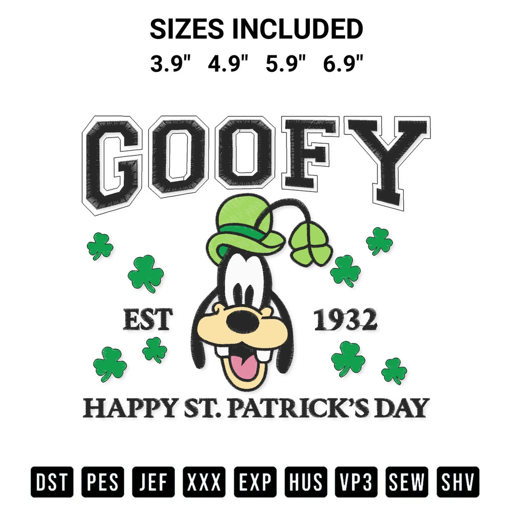 Stitch like a pro with the Goofy Happy St Patricks Day 1932 Embroidery Design embroidery pattern from Designspacks.com. High-quality digital machine embroidery file. Available sizes: 3.9", 4.9", 5.9", 6.9".