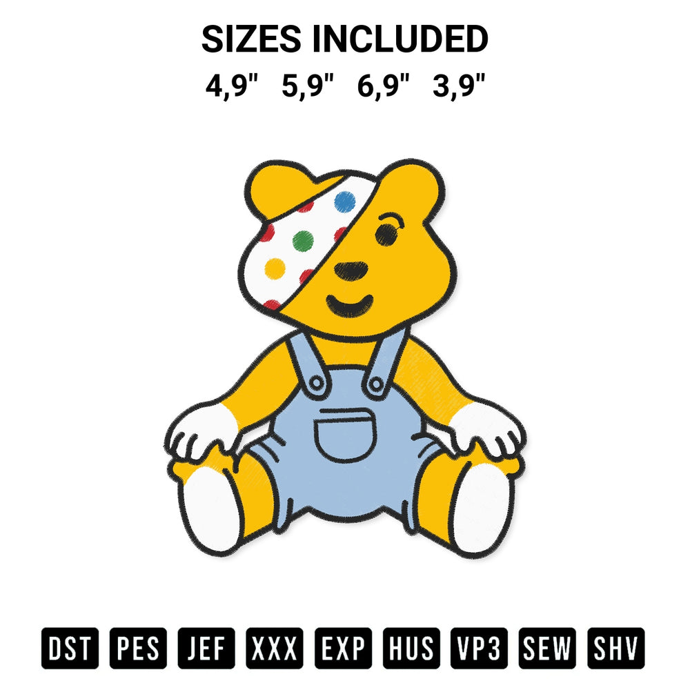 Add a unique touch to your apparel with the Pudsey Bear Children In Need 4 Logo Embroidery Design embroidery file. Premium instant download available now on Designspacks.com. Available sizes: 4,9", 5,9", 6,9", 3,9".