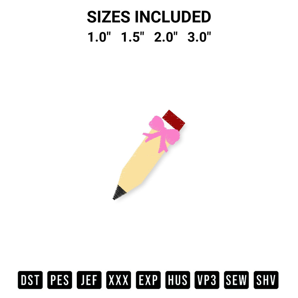 Add a unique touch to your apparel with the Pencil With Bow Embroidery Design embroidery file. Premium instant download available now on Designspacks.com. Available sizes: 1.0", 1.5", 2.0", 3.0".