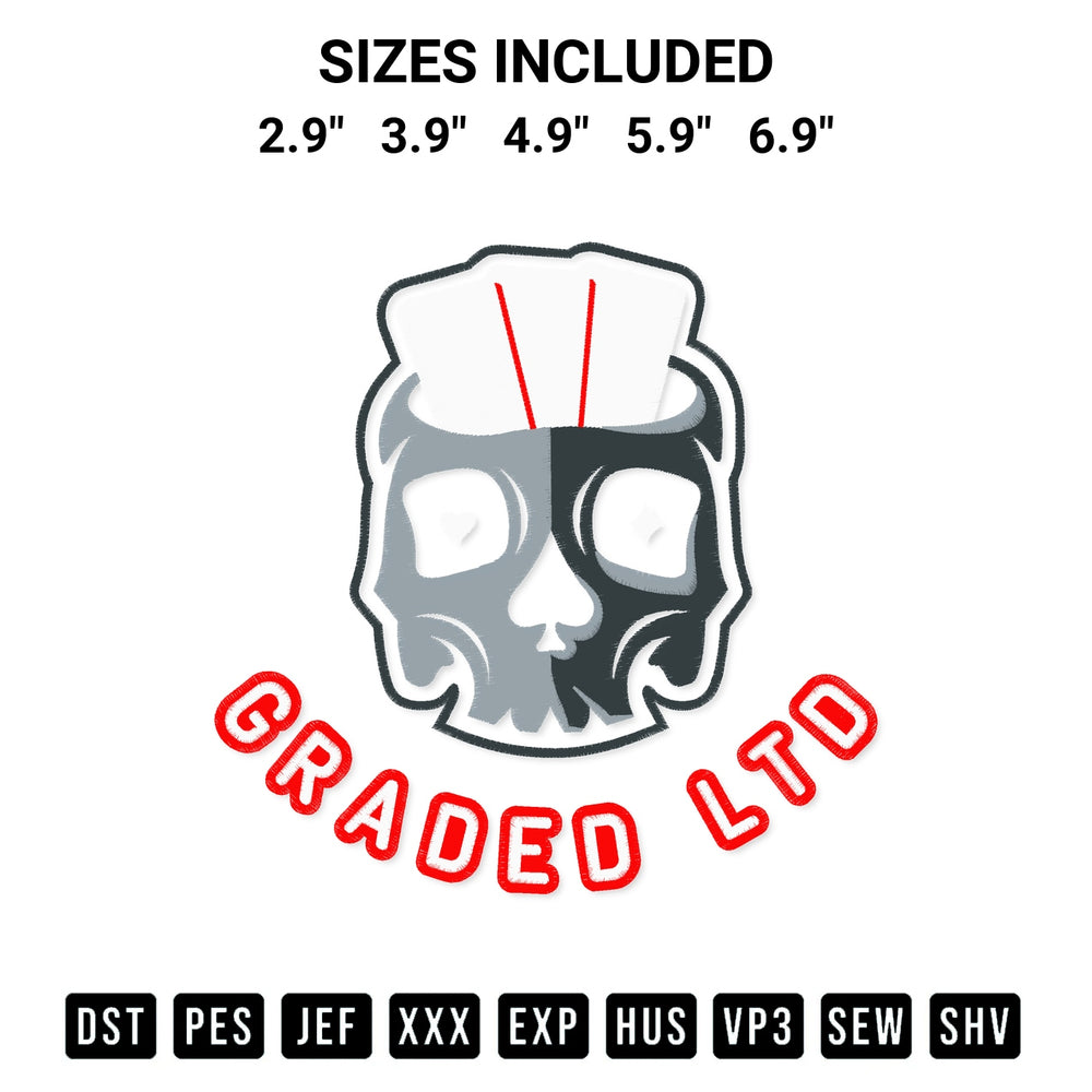 Add a unique touch to your apparel with the Graded Ltd Embroidery Design embroidery file. Premium instant download available now on Designspacks.com. Available sizes: 2.9", 3.9", 4.9", 5.9", 6.9".