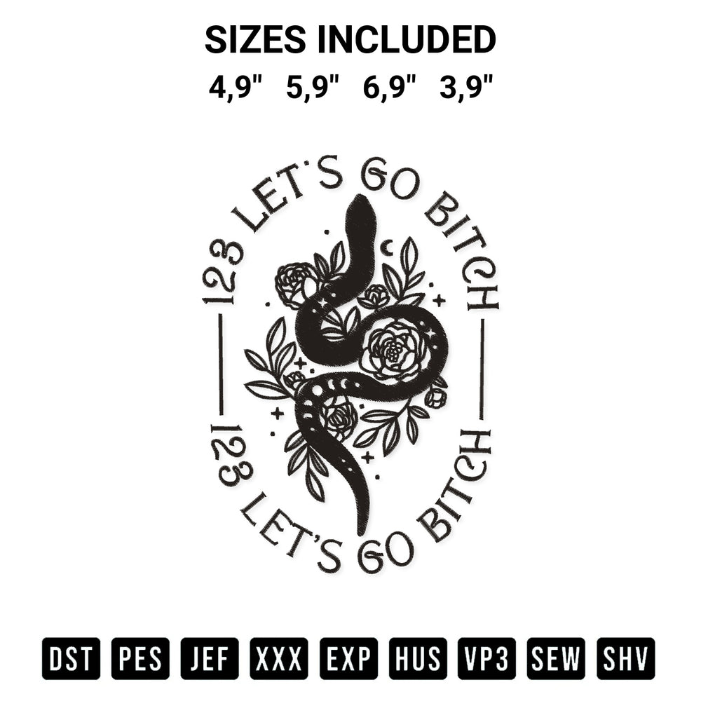 Download the 123 Lets Go Bitch Logo Embroidery Design machine embroidery design exclusively at Designspacks.com. Premium digitized pattern for apparel and DIY crafts. Available sizes: 4,9", 5,9", 6,9", 3,9".