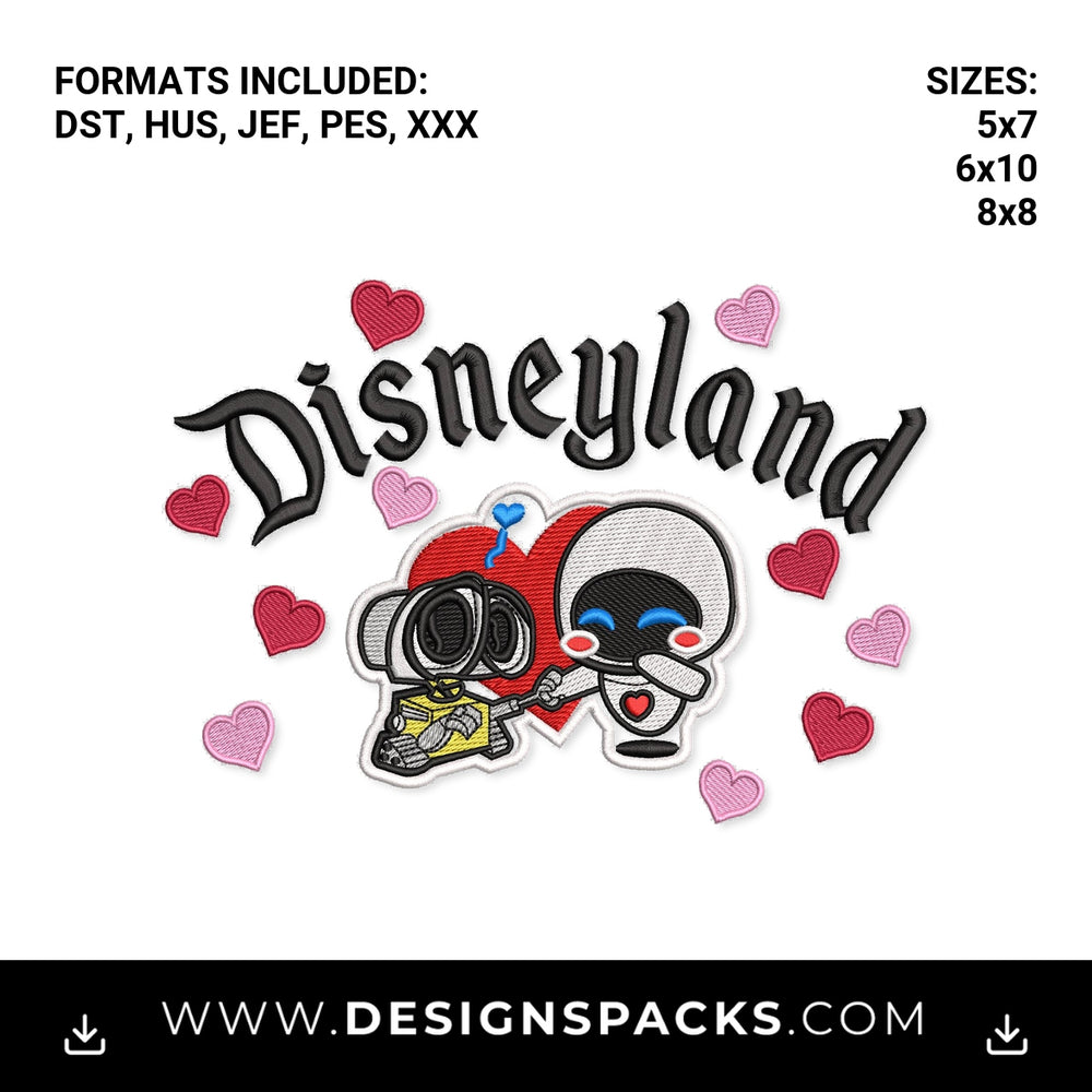 Disneyland Wall-E & Eve Love Hearts Embroidery Design - Instant digital download pattern at Designspacks.com