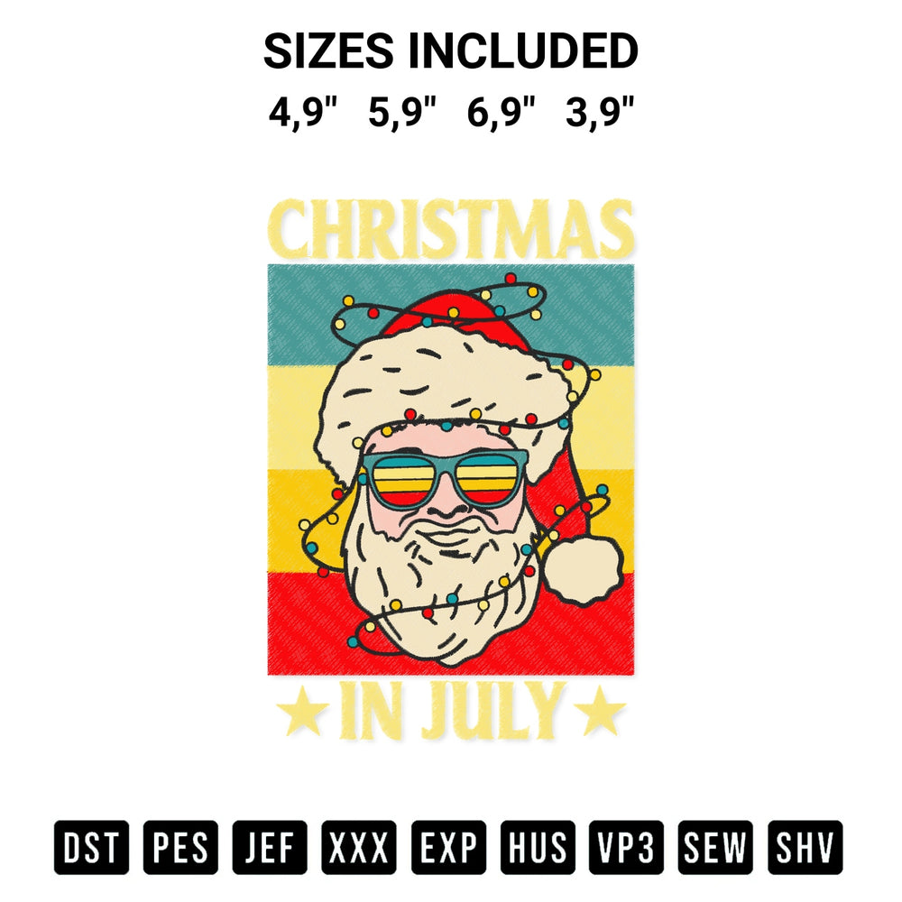 Create amazing crafts with the Christmas In July Santa Sunglasses Beach Summer Vintage Logo Embroidery Design embroidery file. High-quality digital download from Designspacks.com, perfect for beginners and pros. Available sizes: 4,9", 5,9", 6,9", 3,9".