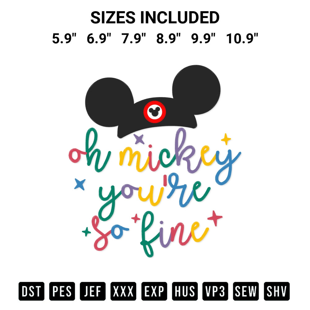 Discover the perfect addition to your crafting collection: Oh Mickey Youre So Fine Embroidery Design embroidery file. Instantly available at Designspacks.com. Available sizes: 5.9", 6.9", 7.9", 8.9", 9.9", 10.9".