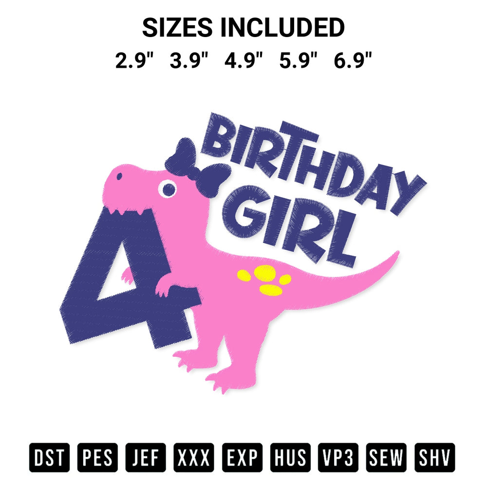 Elevate your next project with our 4 Year Old Girl Birthday Dinosaur Embroidery Design embroidery file. Shop high-quality digital patterns instantly at Designspacks.com. Available sizes: 2.9", 3.9", 4.9", 5.9", 6.9".