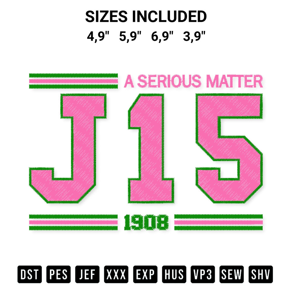 Shop the A Serious Matter J15 1908 Founders Day Aka Alpha Kappa Alpha Embroidery Design machine embroidery pattern at Designspacks.com. Beautifully digitized for flawless stitching on any fabric. Available sizes: 4,9", 5,9", 6,9", 3,9".