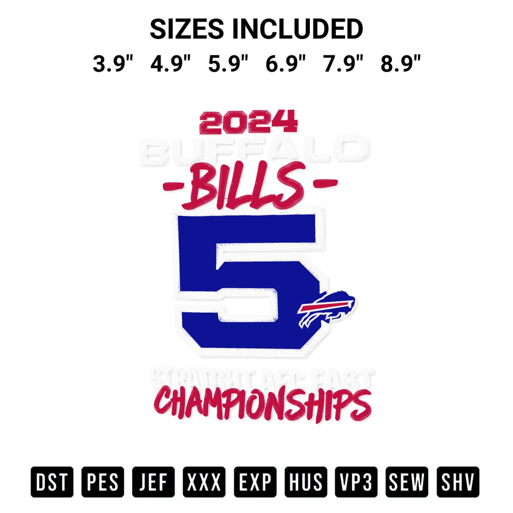 Get the Fanatics Buffalo Bills 5 Straight Afc East Division Champions Embroidery Design embroidery design for your custom crafts! Premium digitized files available for instant download at Designspacks.com. Available sizes: 3.9", 4.9", 5.9", 6.9", 7.9", 8.9".