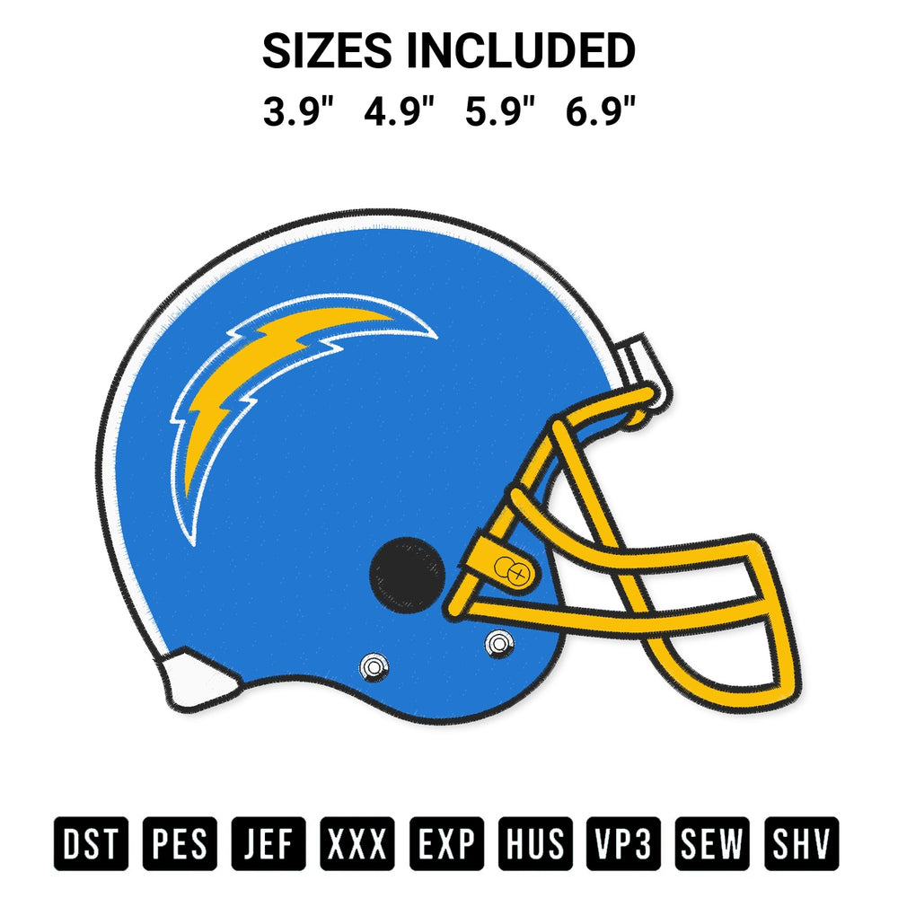 Create amazing crafts with the Los Angeles Chargers Helmet Embroidery Design embroidery file. High-quality digital download from Designspacks.com, perfect for beginners and pros. Available sizes: 3.9", 4.9", 5.9", 6.9".
