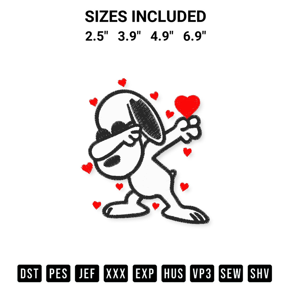Add a unique touch to your apparel with the Dabbing Snoopy Valentine Embroidery Design embroidery file. Premium instant download available now on Designspacks.com. Available sizes: 2.5", 3.9", 4.9", 6.9".