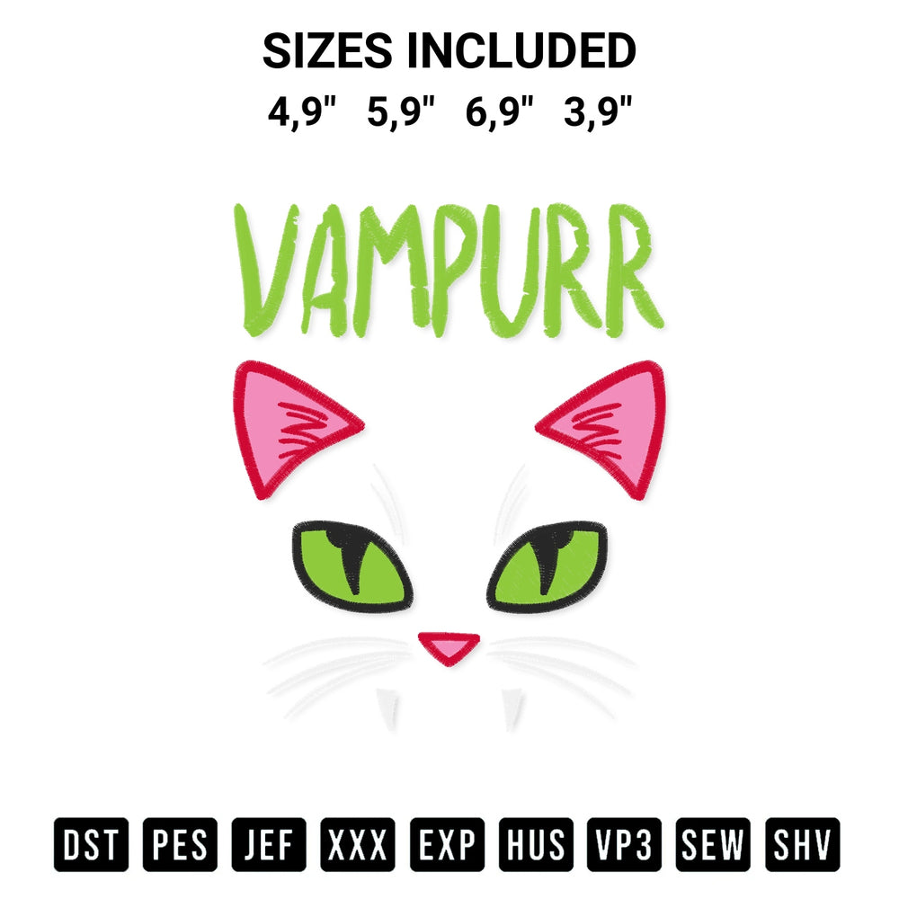 Transform your fabrics with the Vampurr Vampire Cat Halloween Funny Halloween Costume For Women Girls Logo Embroidery Design embroidery design. Instant access to premium digitized patterns at Designspacks.com. Available sizes: 4,9", 5,9", 6,9", 3,9".