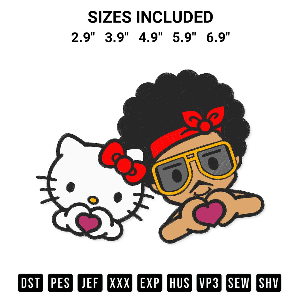 Add a unique touch to your apparel with the Hello Kitty And Bruno Mars Heart Love Embroidery Design embroidery file. Premium instant download available now on Designspacks.com. Available sizes: 2.9", 3.9", 4.9", 5.9", 6.9".