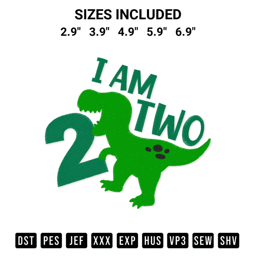 Download the T Rex Dinosaur I Am Two Embroidery Design machine embroidery design exclusively at Designspacks.com. Premium digitized pattern for apparel and DIY crafts. Available sizes: 2.9", 3.9", 4.9", 5.9", 6.9".