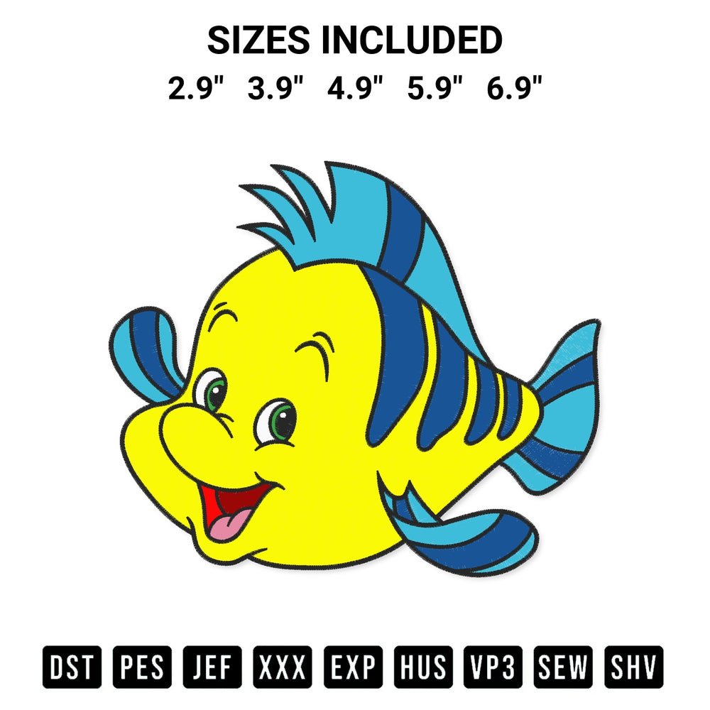 Shop the Flounder The Little Mermaid Embroidery Design machine embroidery pattern at Designspacks.com. Beautifully digitized for flawless stitching on any fabric. Available sizes: 2.9", 3.9", 4.9", 5.9", 6.9".
