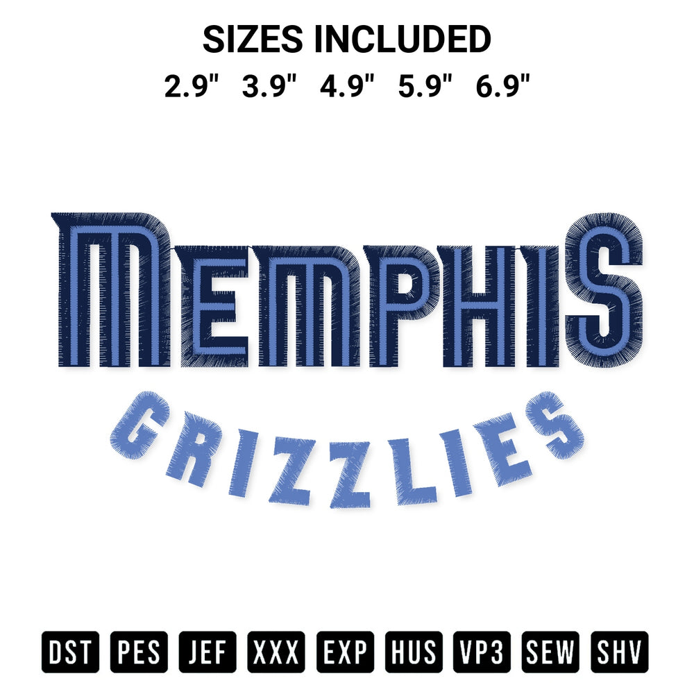 Stitch like a pro with the Memphis Grizzlies Wordmark Embroidery Design embroidery pattern from Designspacks.com. High-quality digital machine embroidery file. Available sizes: 2.9", 3.9", 4.9", 5.9", 6.9".