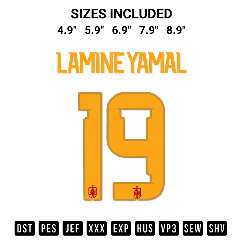 Add a unique touch to your apparel with the Lamine Yamal Spain 19 Embroidery Design embroidery file. Premium instant download available now on Designspacks.com. Available sizes: 4.9", 5.9", 6.9", 7.9", 8.9".