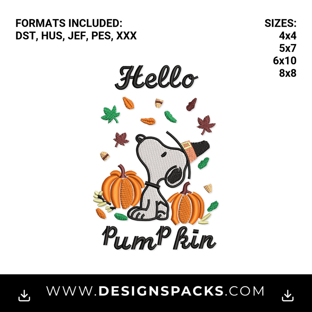 Hello Pumpkin Fall Dog with Pumpkins Embroidery Design - Instant digital download pattern at Designspacks.com