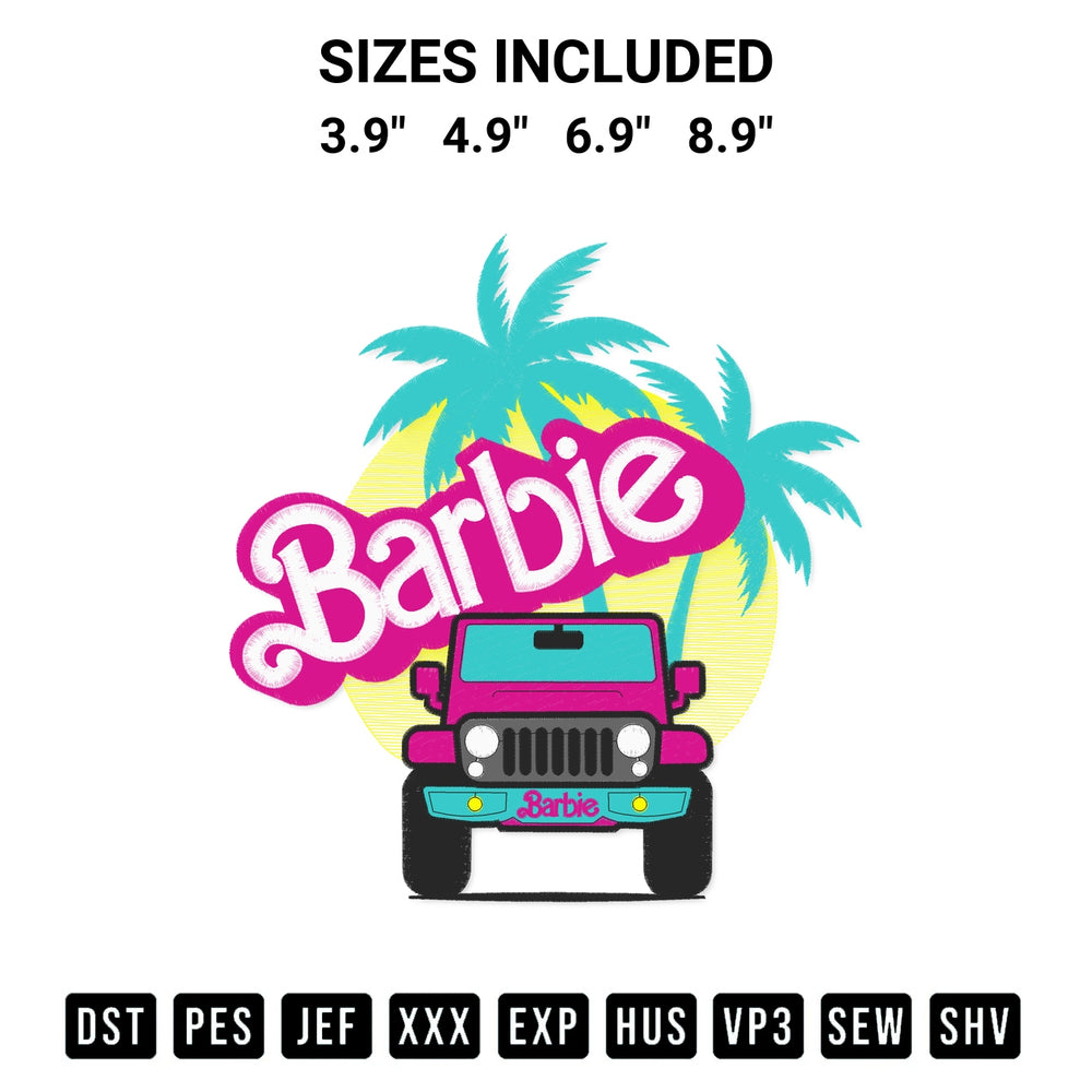 Get the Barbie Car Embroidery Design embroidery design for your custom crafts! Premium digitized files available for instant download at Designspacks.com. Available sizes: 3.9", 4.9", 6.9", 8.9".