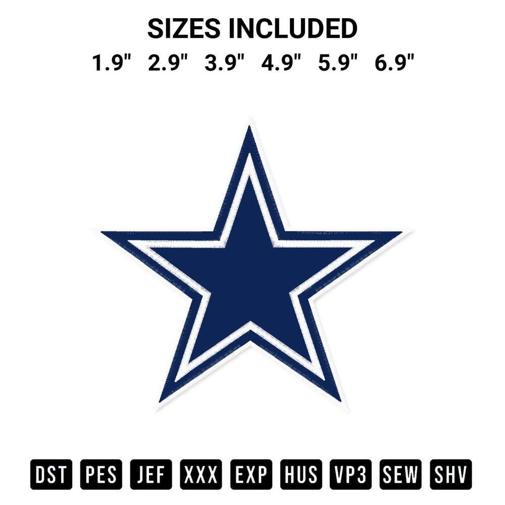 Elevate your next project with our Dallas Cowboys Logo Embroidery Design embroidery file. Shop high-quality digital patterns instantly at Designspacks.com. Available sizes: 1.9", 2.9", 3.9", 4.9", 5.9", 6.9".