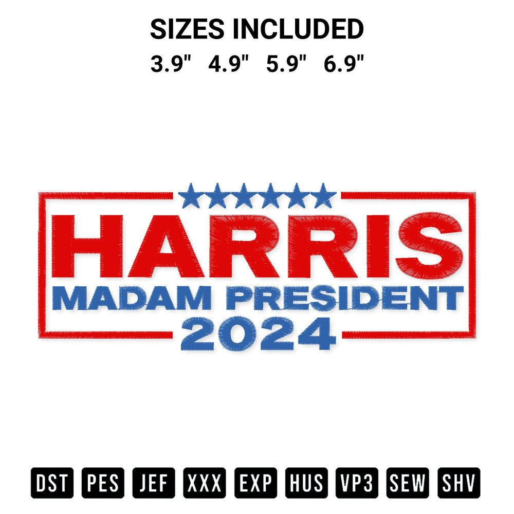 Transform your fabrics with the Harris Madam President 2024 Embroidery Design embroidery design. Instant access to premium digitized patterns at Designspacks.com. Available sizes: 3.9", 4.9", 5.9", 6.9".
