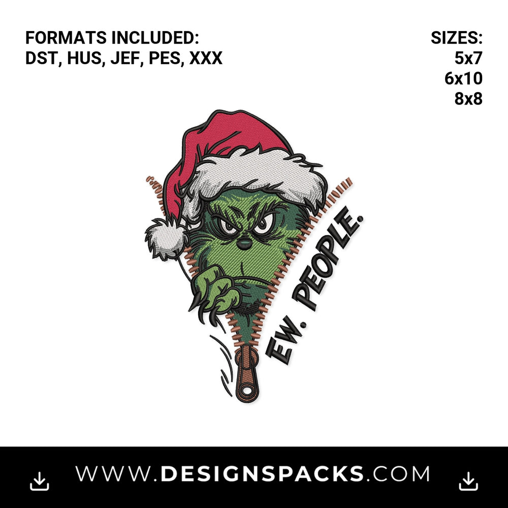 Ew People Christmas Grinch Zipper Embroidery Design - Instant digital download pattern at Designspacks.com