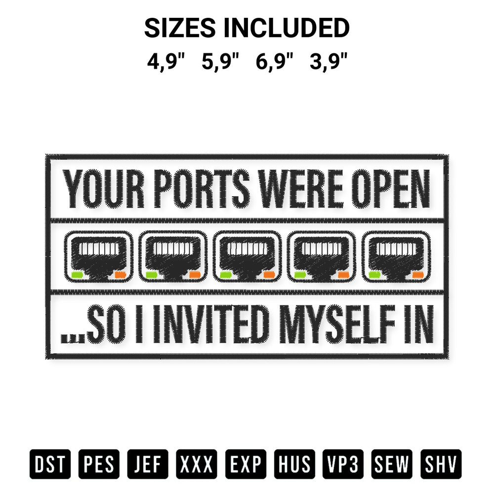 Download the Your Ports Were Open So I Invited Myself In Funny Logo Embroidery Design machine embroidery design exclusively at Designspacks.com. Premium digitized pattern for apparel and DIY crafts. Available sizes: 4,9", 5,9", 6,9", 3,9".