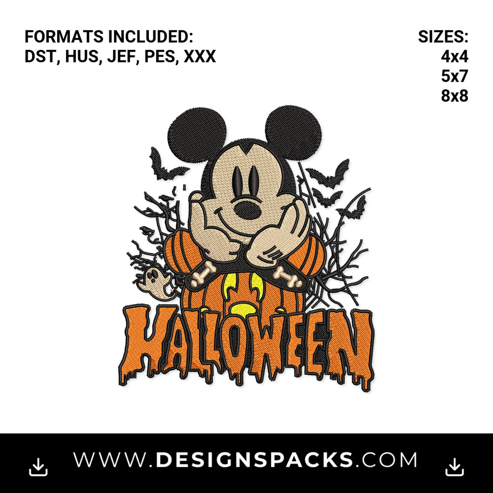 Spooky Mouse Halloween Pumpkin Embroidery Design - Instant digital download pattern at Designspacks.com