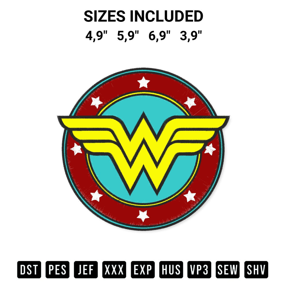 Looking for the perfect pattern? Download the Wonder Woman Logo Embroidery Design embroidery design today at Designspacks.com. Crisp, clean stitching guaranteed. Available sizes: 4,9", 5,9", 6,9", 3,9".