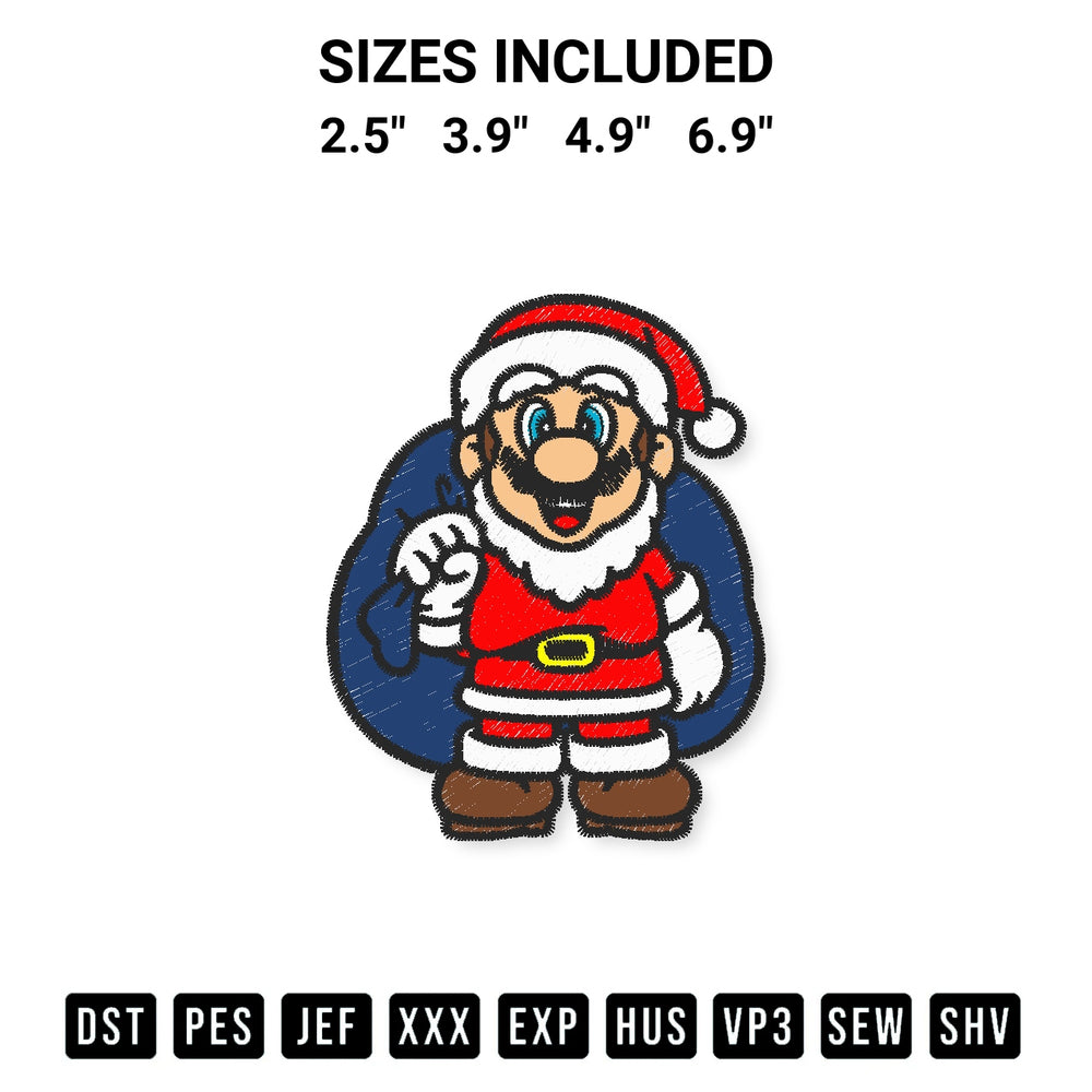 Add a unique touch to your apparel with the Super Mario Santa Claus Embroidery Design embroidery file. Premium instant download available now on Designspacks.com. Available sizes: 2.5", 3.9", 4.9", 6.9".
