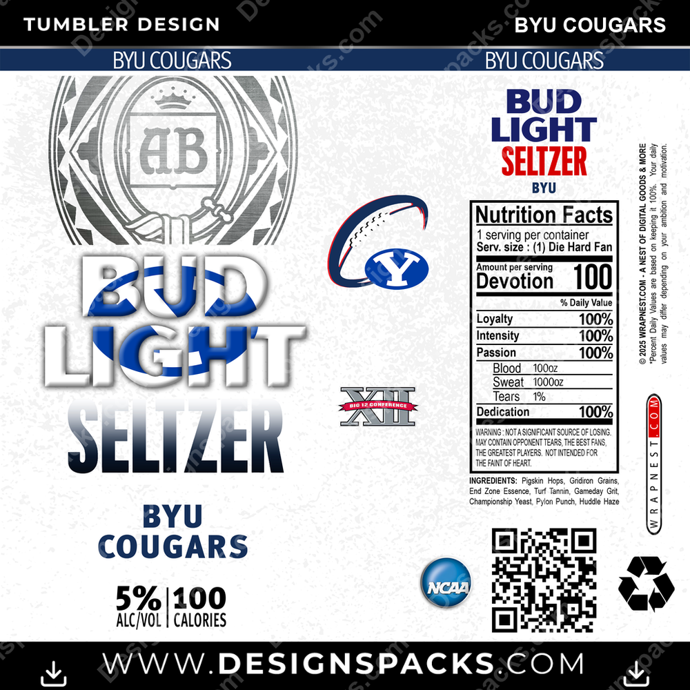 College Sport Bud Light Seltzer BYU Cougars NCAA College Sport Tumbler Digital Wrap Design Download