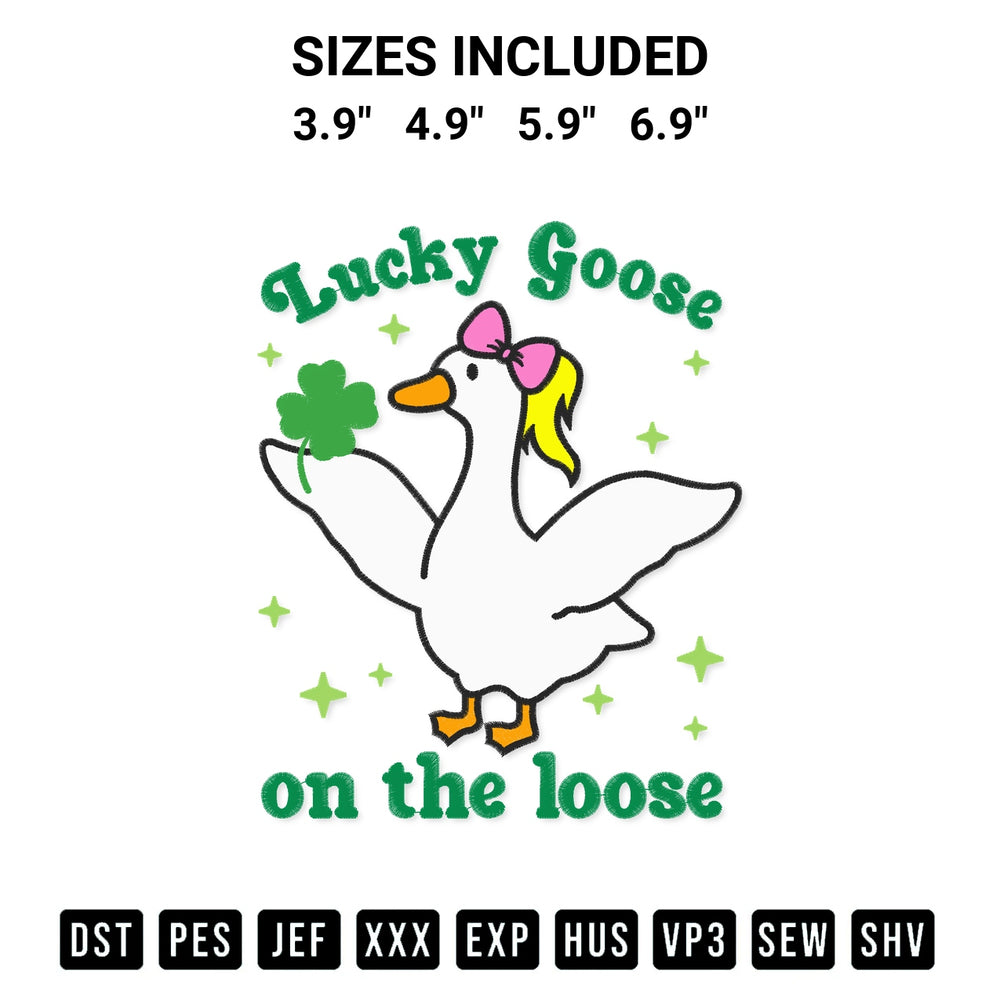 Add a unique touch to your apparel with the Lucky Goose On The Loose Embroidery Design embroidery file. Premium instant download available now on Designspacks.com. Available sizes: 3.9", 4.9", 5.9", 6.9".