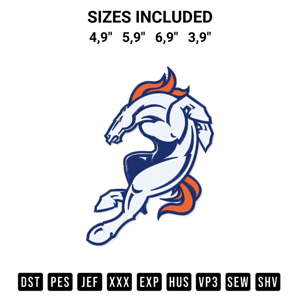 Add a unique touch to your apparel with the Denver Broncos Logo Embroidery Design embroidery file. Premium instant download available now on Designspacks.com. Available sizes: 4,9", 5,9", 6,9", 3,9".
