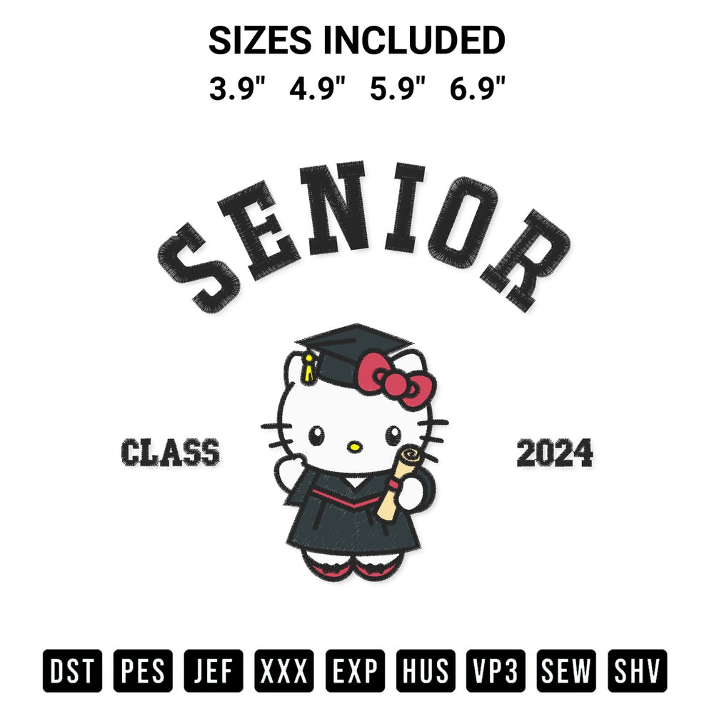 Transform your fabrics with the Hello Kitty Senior Class 2024 Embroidery Design embroidery design. Instant access to premium digitized patterns at Designspacks.com. Available sizes: 3.9", 4.9", 5.9", 6.9".