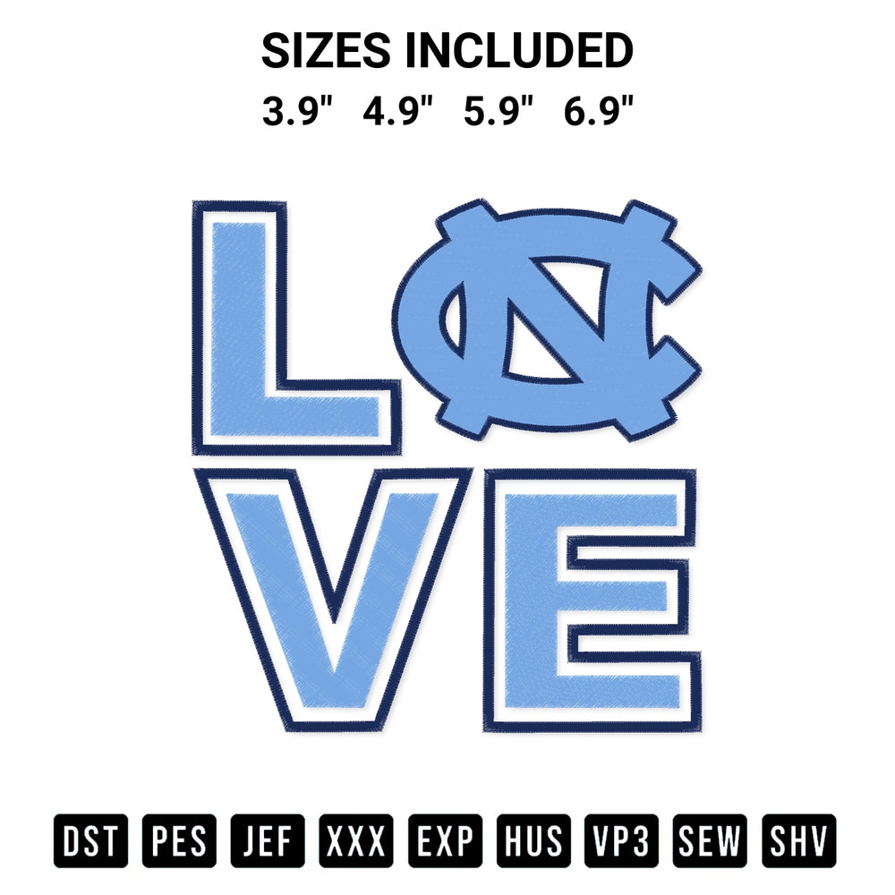 Create amazing crafts with the Love North Carolina Tar Heels Embroidery Design embroidery file. High-quality digital download from Designspacks.com, perfect for beginners and pros. Available sizes: 3.9", 4.9", 5.9", 6.9".