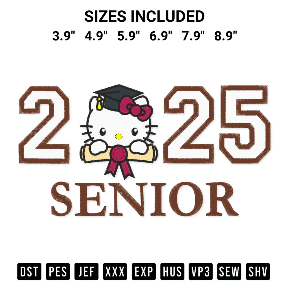 Add a unique touch to your apparel with the Senior 2025 Kitty Embroidery Design embroidery file. Premium instant download available now on Designspacks.com. Available sizes: 3.9", 4.9", 5.9", 6.9", 7.9", 8.9".
