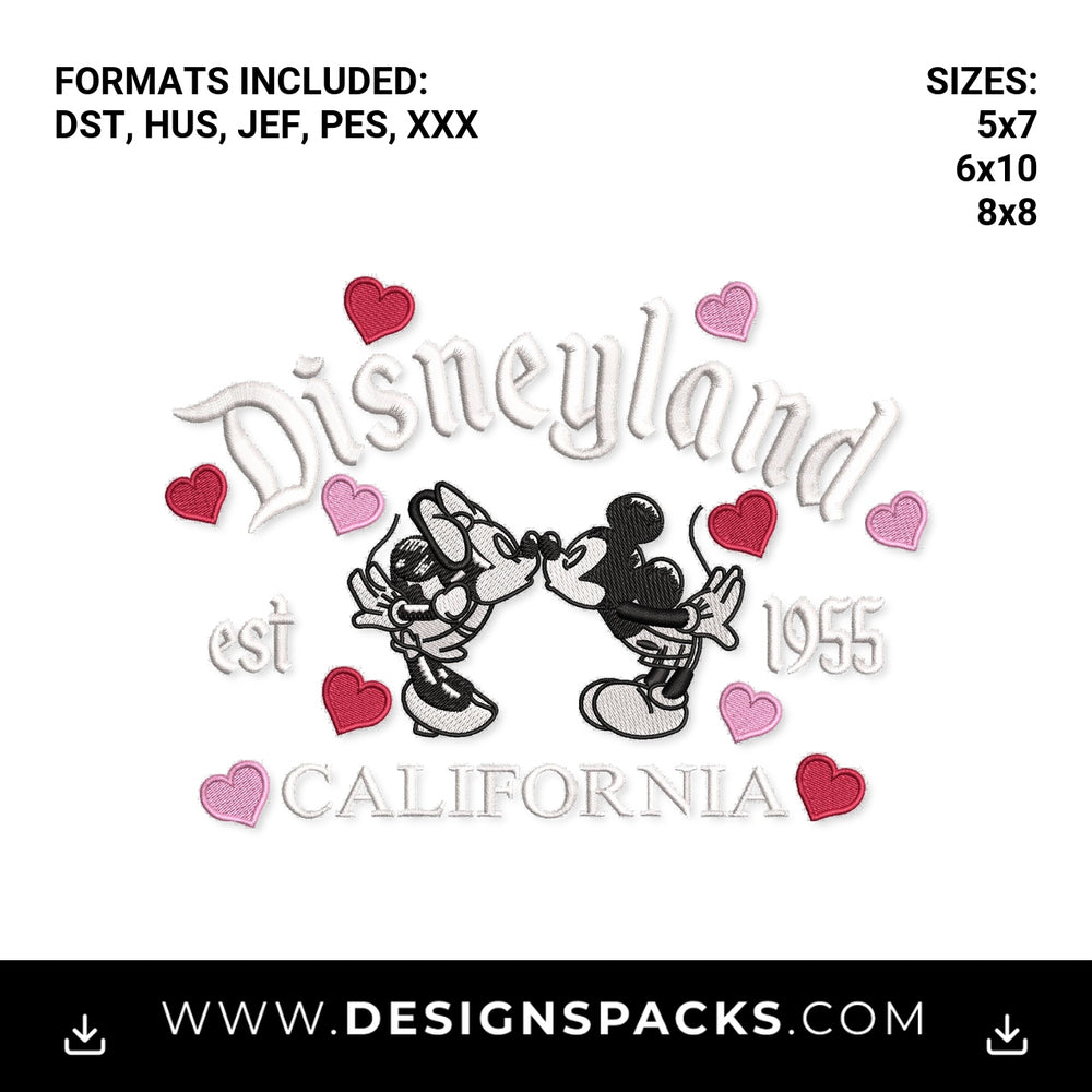 Disneyland Mickey Minnie Kissing Hearts Embroidery Design - Instant digital download pattern at Designspacks.com