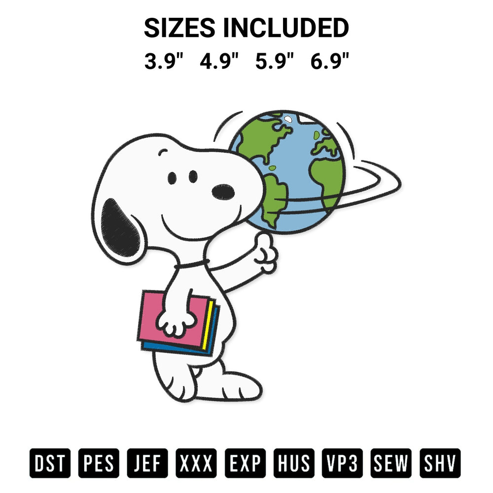 Transform your fabrics with the Snoopy Spins The Globe Embroidery Design embroidery design. Instant access to premium digitized patterns at Designspacks.com. Available sizes: 3.9", 4.9", 5.9", 6.9".