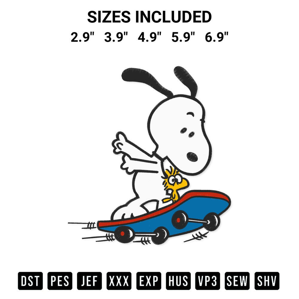 Create amazing crafts with the Snoopy And Woodstock Skateboarding Embroidery Design embroidery file. High-quality digital download from Designspacks.com, perfect for beginners and pros. Available sizes: 2.9", 3.9", 4.9", 5.9", 6.9".